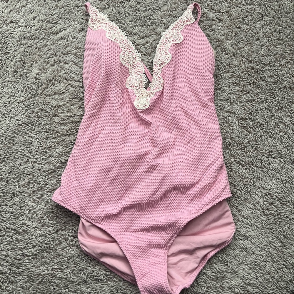 Aerie Pink Lace Trim One Piece Swimsuit